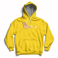 Daisy yellow Easter bunny and colorful eggs graphic pullover hoodie with front pocket.