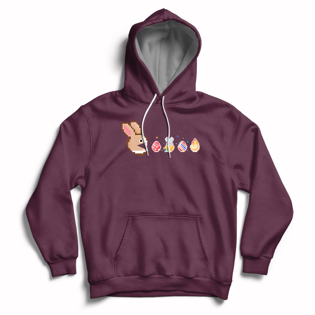 Maroon Easter bunny and colorful eggs graphic pullover hoodie with adjustable hood.