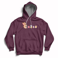 Maroon Easter bunny and colorful eggs graphic pullover hoodie with adjustable hood.