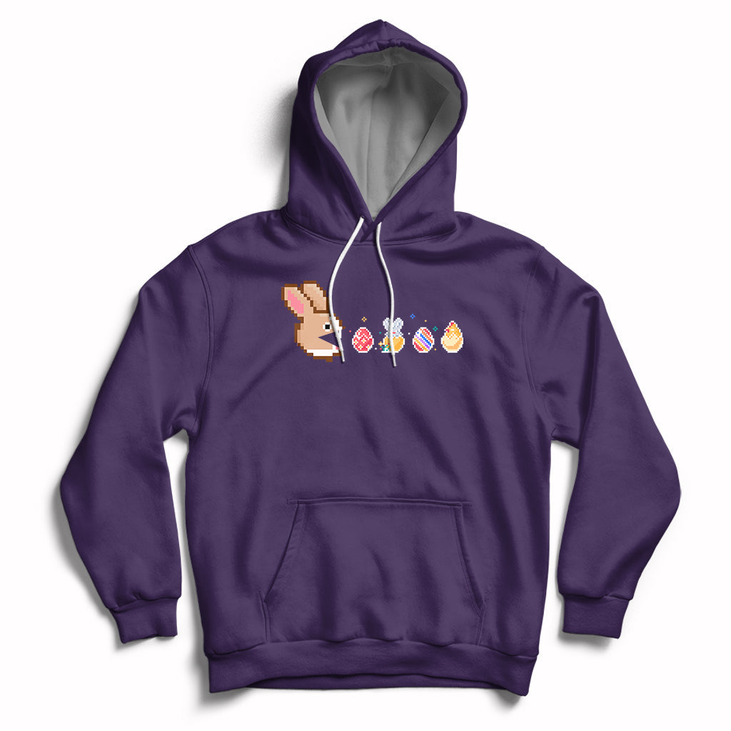 Purple Easter bunny and colorful eggs graphic pullover hoodie with kangaroo pocket.