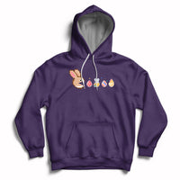 Purple Easter bunny and colorful eggs graphic pullover hoodie with kangaroo pocket.