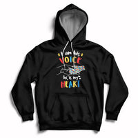 Black autism awareness hoodie with 'VOICE' and 'HEART' graphic, front pocket and hood