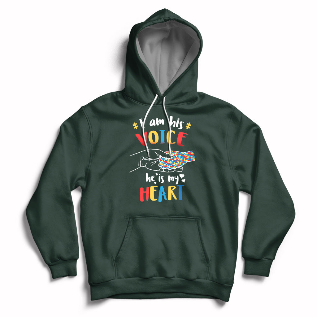 Forest green autism awareness hoodie with 'VOICE' and 'HEART' graphic, front pocket and hood