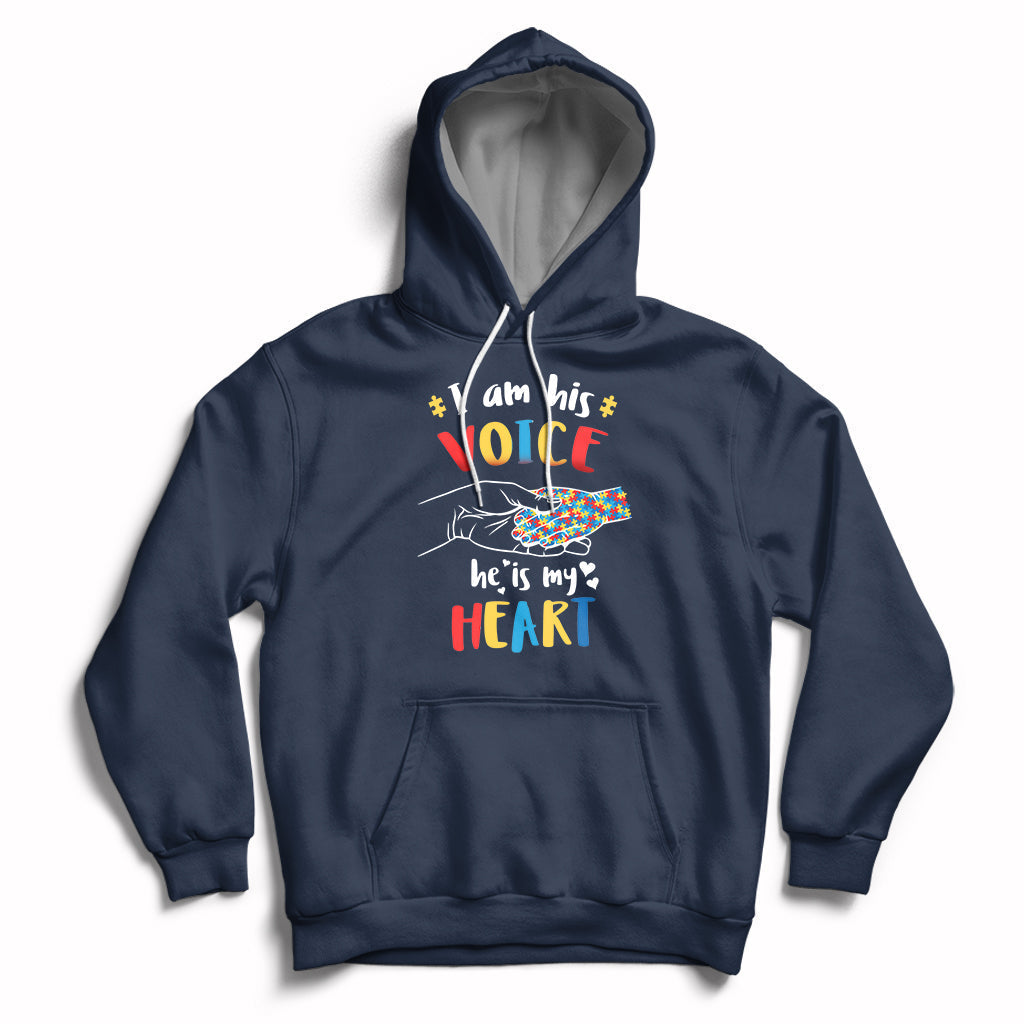 Navy autism awareness hoodie with 'VOICE' and 'HEART' graphic, front pocket and hood