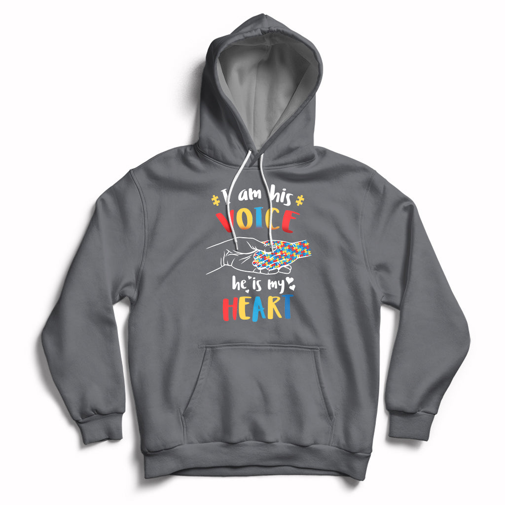 Charcoal gray autism awareness hoodie with 'VOICE' and 'HEART' graphic, front pocket and hood