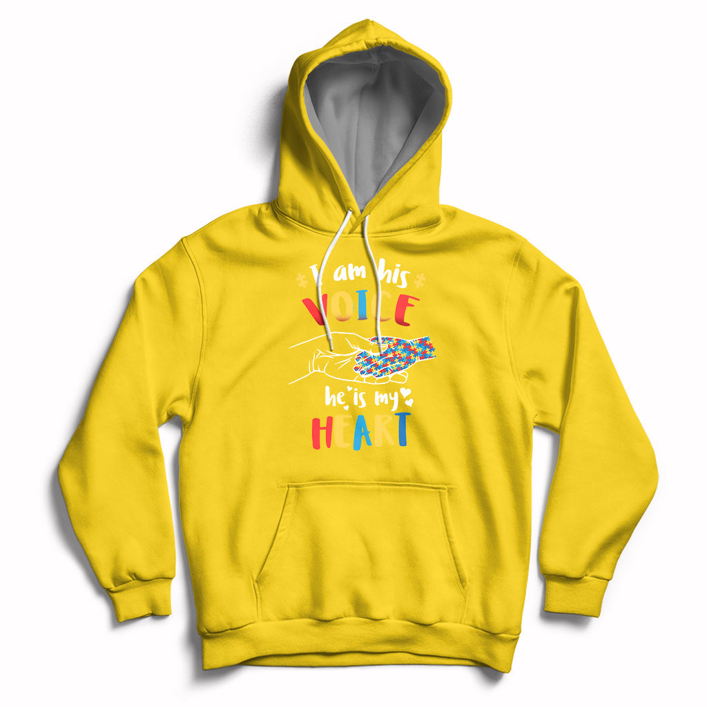 Daisy yellow autism awareness hoodie with 'VOICE' and 'HEART' graphic, front pocket and hood