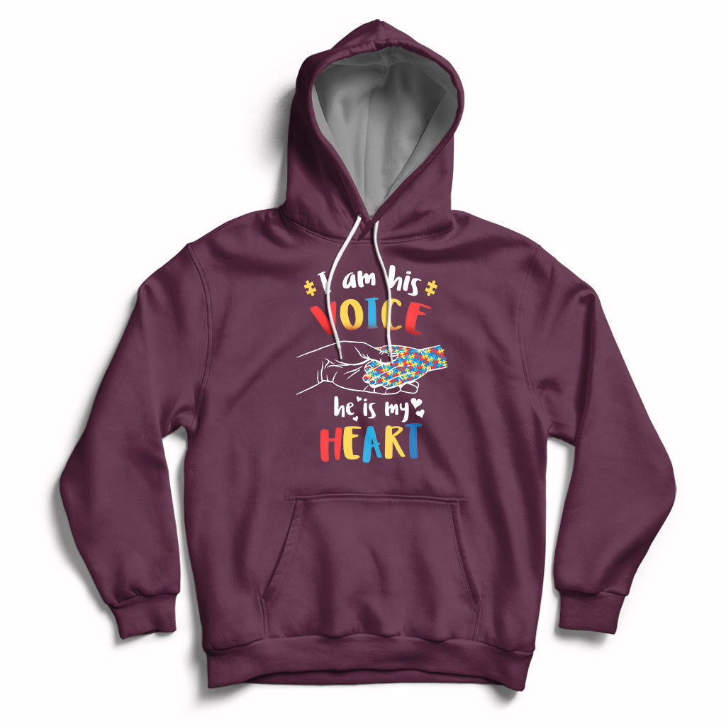 Maroon autism awareness hoodie with 'VOICE' and 'HEART' graphic, front pocket and hood