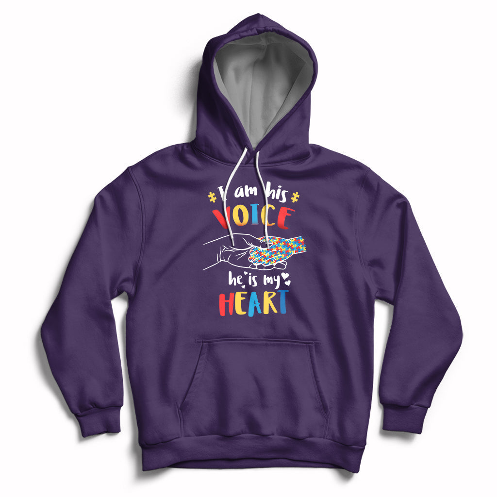 Purple autism awareness hoodie with 'VOICE' and 'HEART' graphic, front pocket and hood