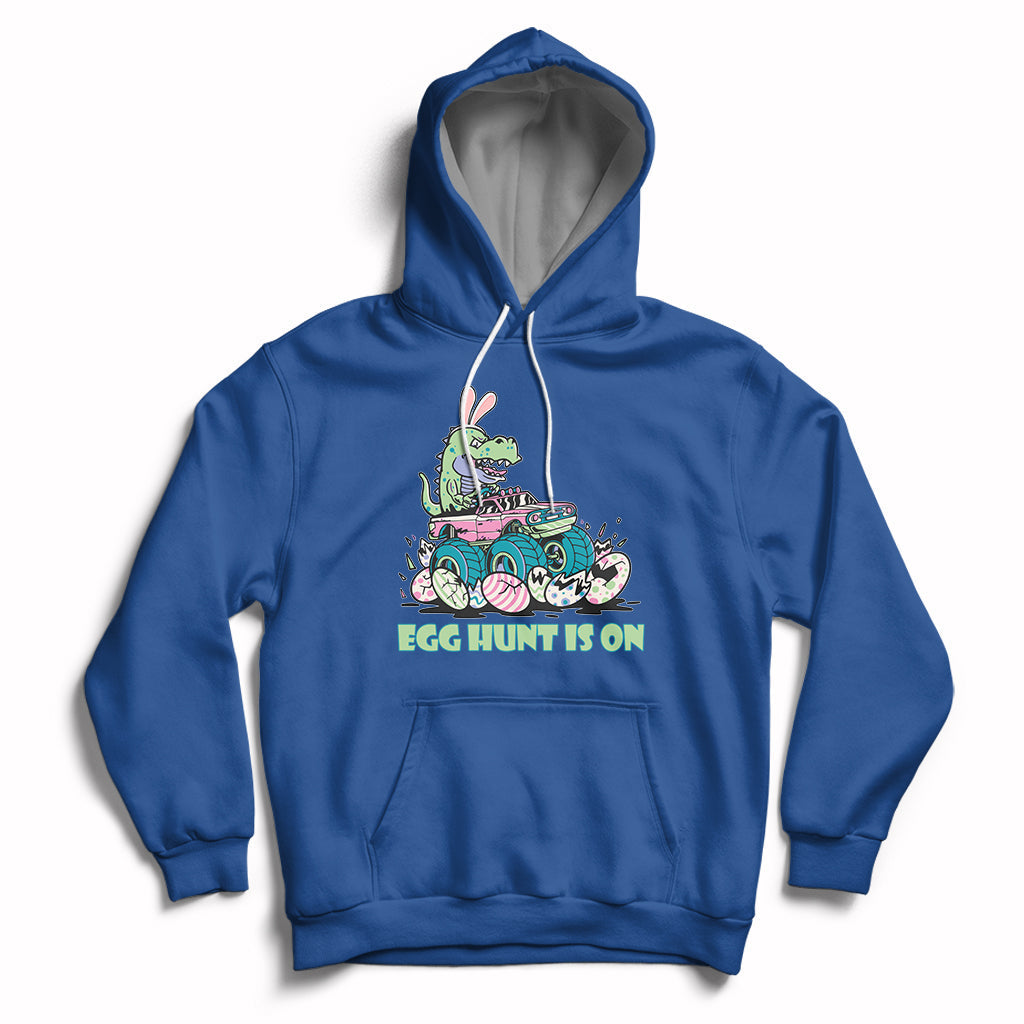 Royal blue kids Easter hoodie with bunny-dinosaur graphic and 'EGG HUNT IS ON'