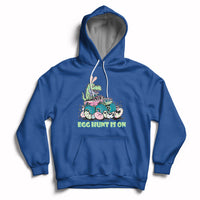 Royal blue kids Easter hoodie with bunny-dinosaur graphic and 'EGG HUNT IS ON'