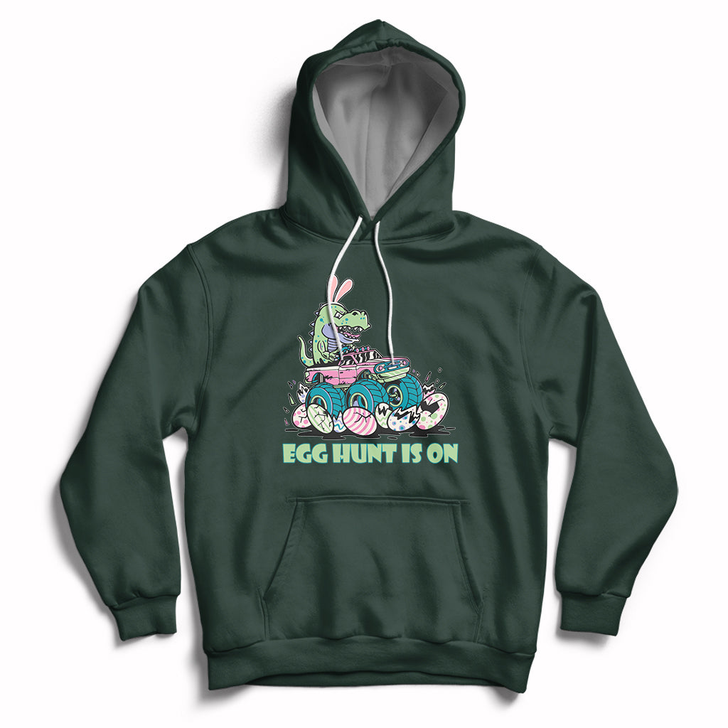 Forest green kids Easter hoodie with bunny-dinosaur graphic and 'EGG HUNT IS ON'