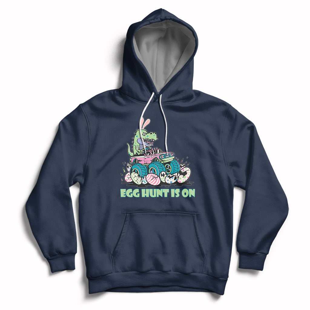 Navy kids Easter hoodie with bunny-dinosaur graphic and 'EGG HUNT IS ON'