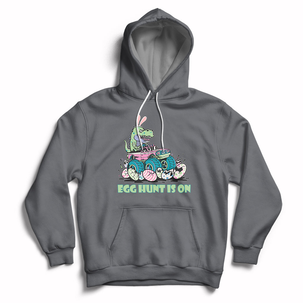 Dark gray kids Easter hoodie with bunny-dinosaur graphic and 'EGG HUNT IS ON'