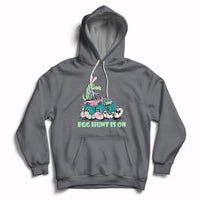 Dark gray kids Easter hoodie with bunny-dinosaur graphic and 'EGG HUNT IS ON'