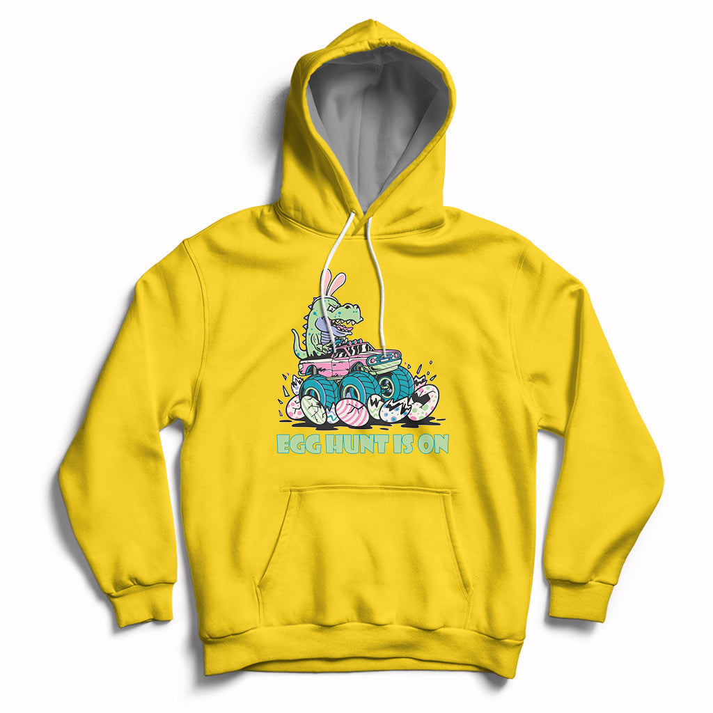 Yellow kids Easter hoodie with bunny-dinosaur graphic and 'EGG HUNT IS ON'
