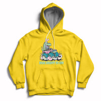 Yellow kids Easter hoodie with bunny-dinosaur graphic and 'EGG HUNT IS ON'
