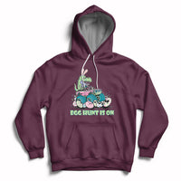 Maroon kids Easter hoodie with bunny-dinosaur graphic and 'EGG HUNT IS ON'
