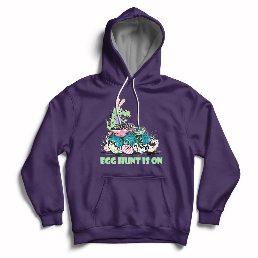 Purple kids Easter hoodie with bunny-dinosaur graphic and 'EGG HUNT IS ON'