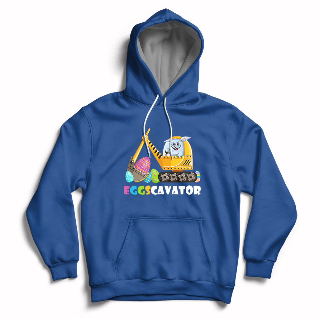 Royal blue hoodie with front kangaroo pocket and Eggscavator construction egg graphic, hood up