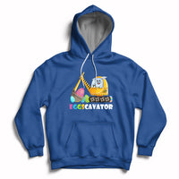 Royal blue hoodie with front kangaroo pocket and Eggscavator construction egg graphic, hood up
