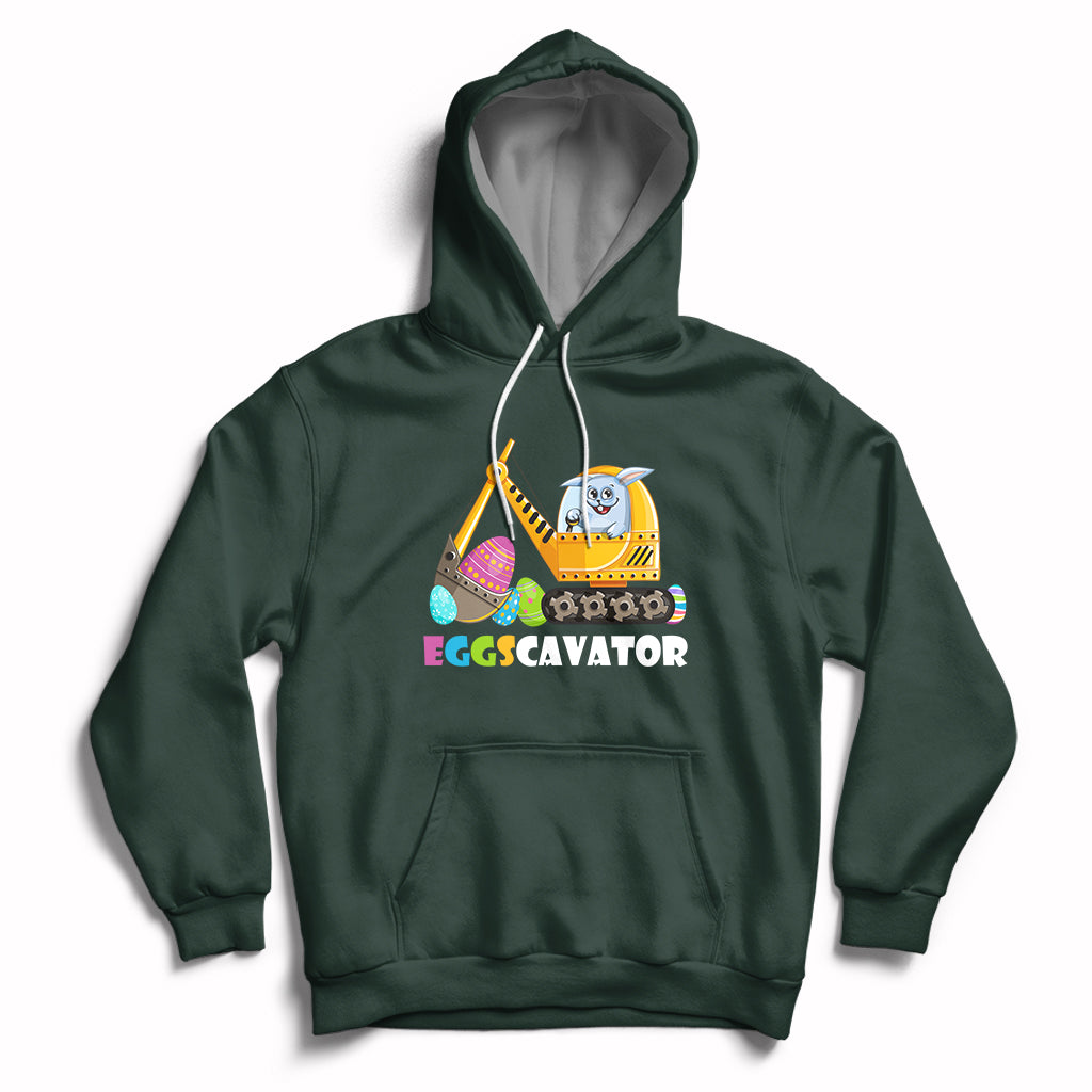 Forest green hoodie with front kangaroo pocket and Eggscavator construction egg graphic, hood up