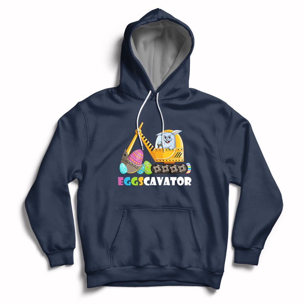 Navy hoodie with front kangaroo pocket and Eggscavator construction egg graphic, hood up