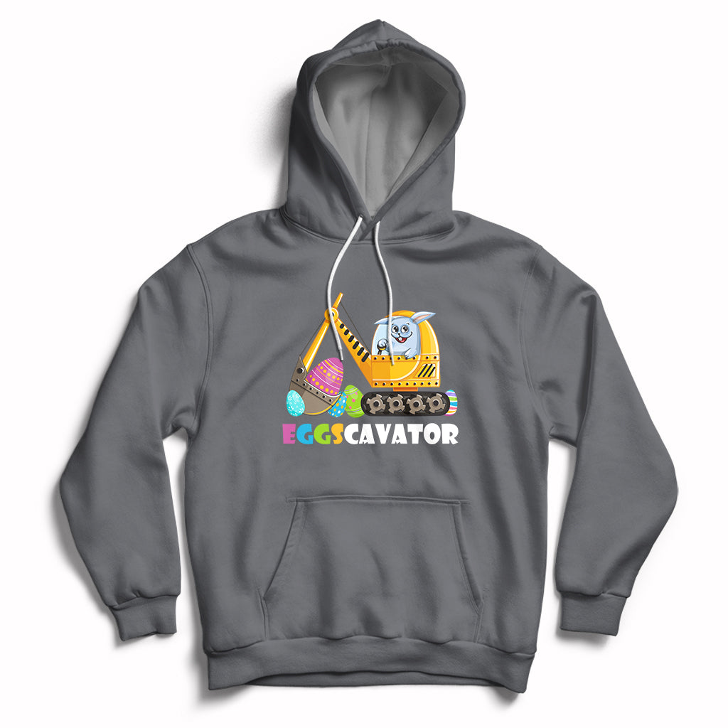 Charcoal gray hoodie with front kangaroo pocket and Eggscavator construction egg graphic, hood up
