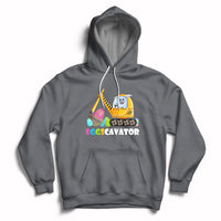 Charcoal gray hoodie with front kangaroo pocket and Eggscavator construction egg graphic, hood up