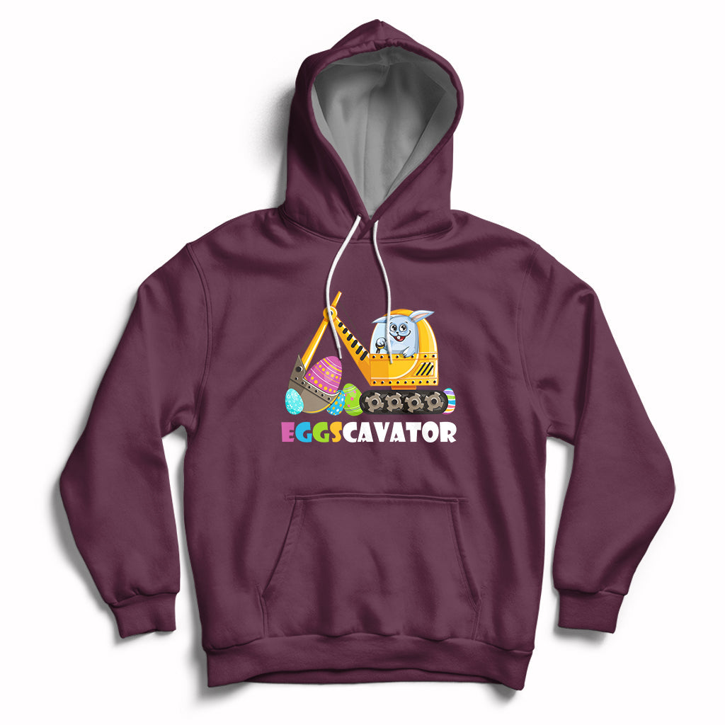 Maroon hoodie with front kangaroo pocket and Eggscavator construction egg graphic, hood up