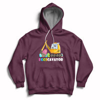 Maroon hoodie with front kangaroo pocket and Eggscavator construction egg graphic, hood up