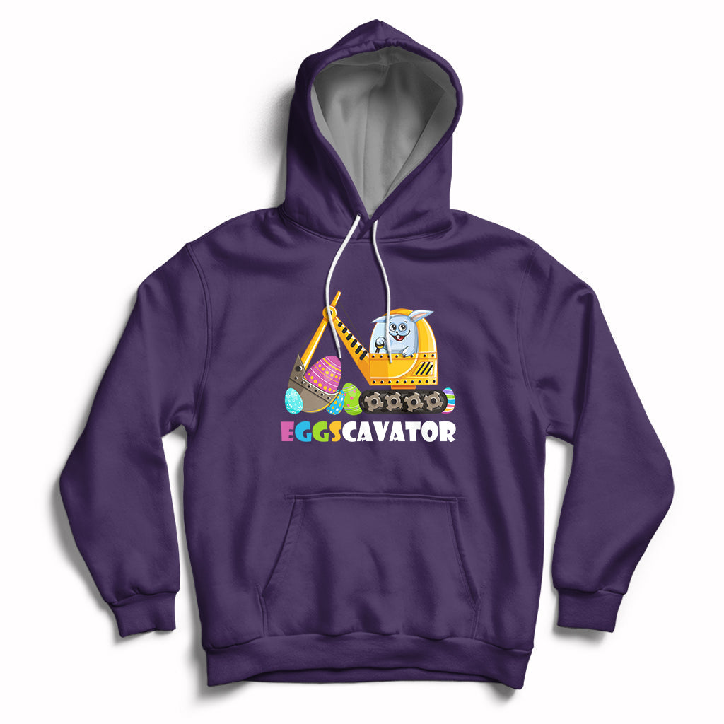 Purple hoodie with front kangaroo pocket and Eggscavator construction egg graphic, hood up