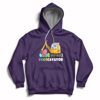 Purple hoodie with front kangaroo pocket and Eggscavator construction egg graphic, hood up