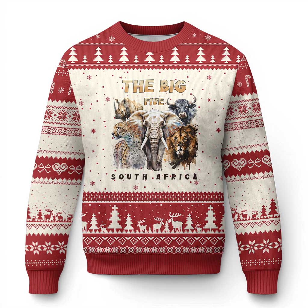 The Big Five South Africa Ugly Christmas Sweater Elephant Lion Rhino Buffalo Leopard Animals Safari Wildlife - Wonder Print Shop