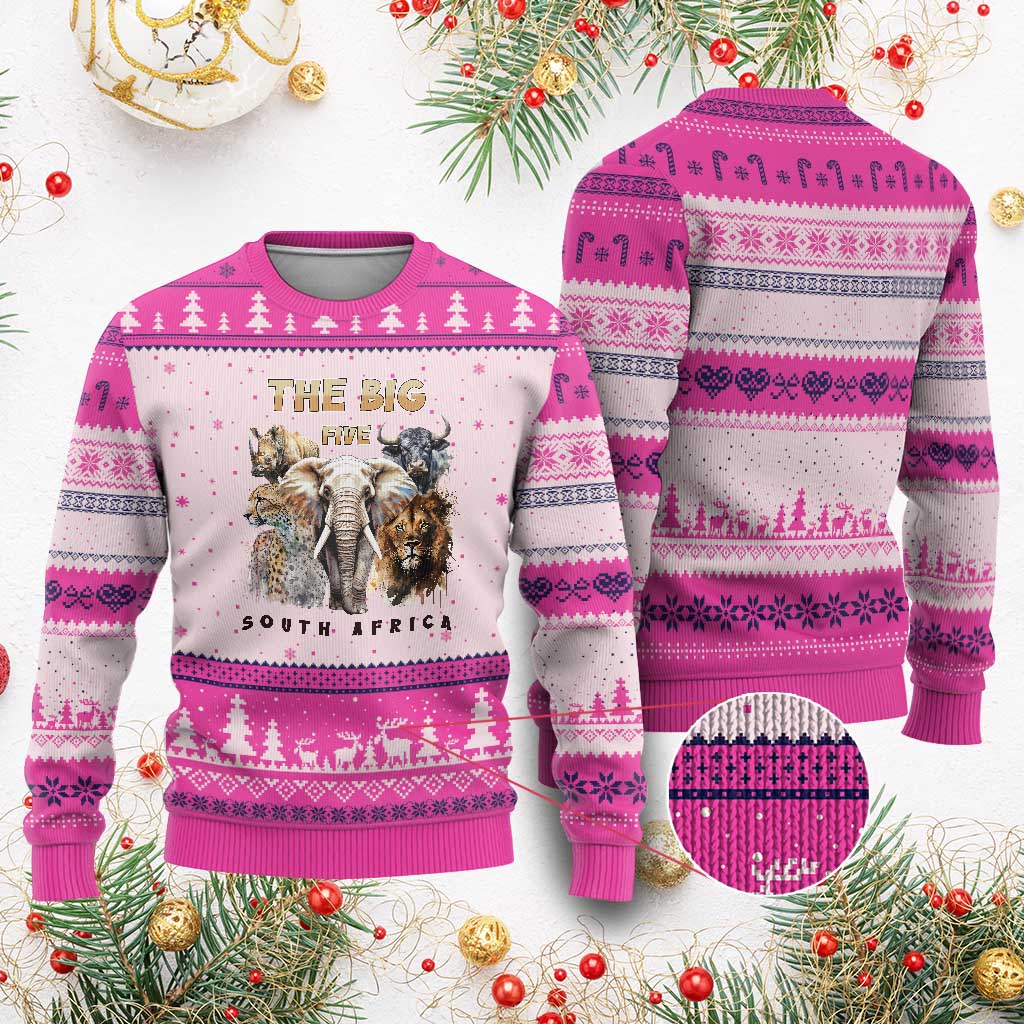 The Big Five South Africa Ugly Christmas Sweater Elephant Lion Rhino Buffalo Leopard Animals Safari Wildlife - Wonder Print Shop