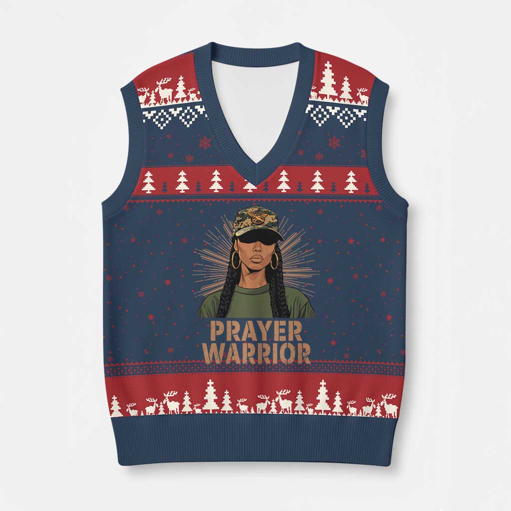 Black Prayer Warrior V-Neck Knit Sweater Vest Jesus God Christian Camo Girl - Wonder Print Shop