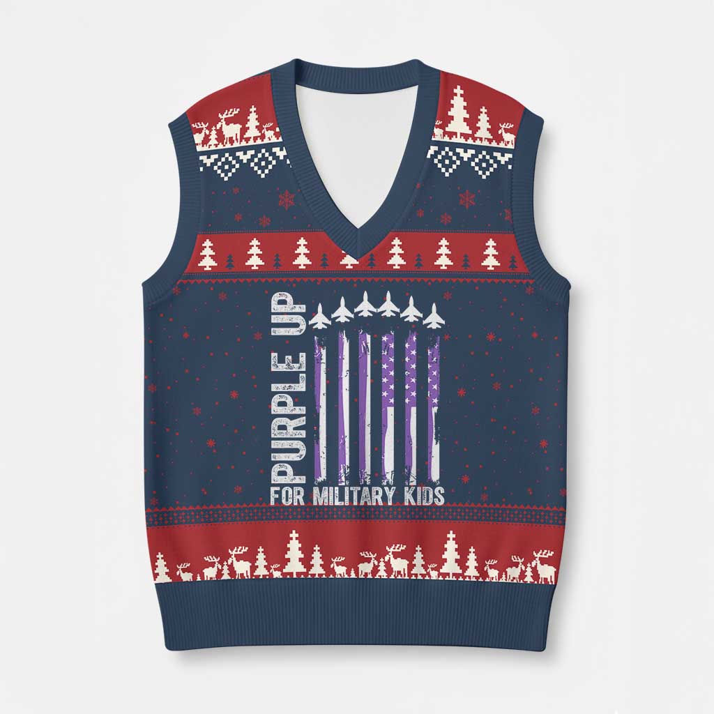 Purple Up For Military Kids V-Neck Knit Sweater Vest American Flag Air Force Military Child Month - Wonder Print Shop