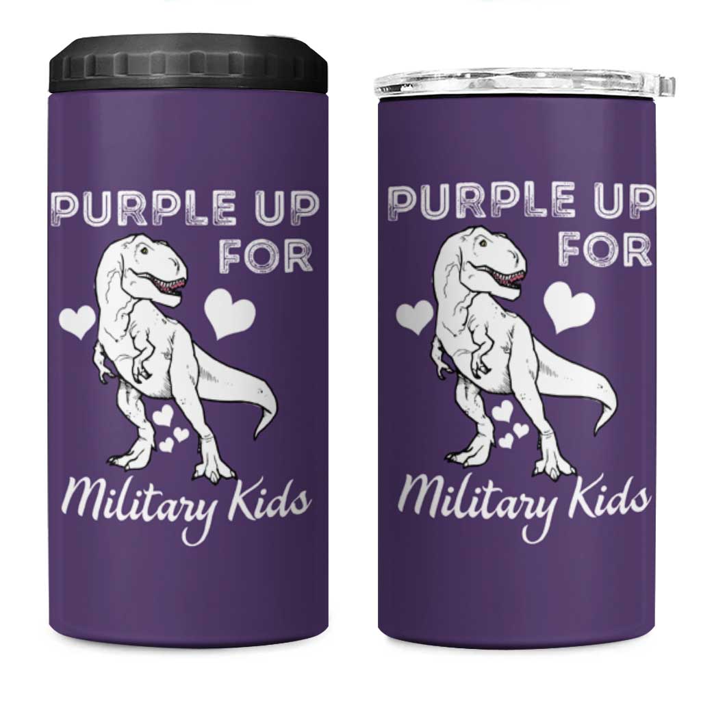 Purple Up For Military Kids 4 in 1 Can Cooler Tumbler Military Child Month Dinosaur