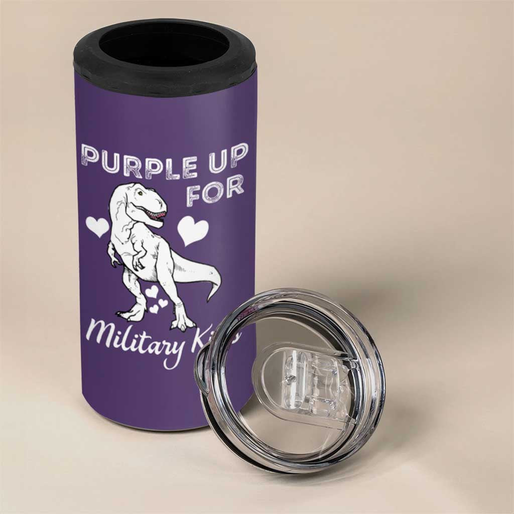 Purple Up For Military Kids 4 in 1 Can Cooler Tumbler Military Child Month Dinosaur