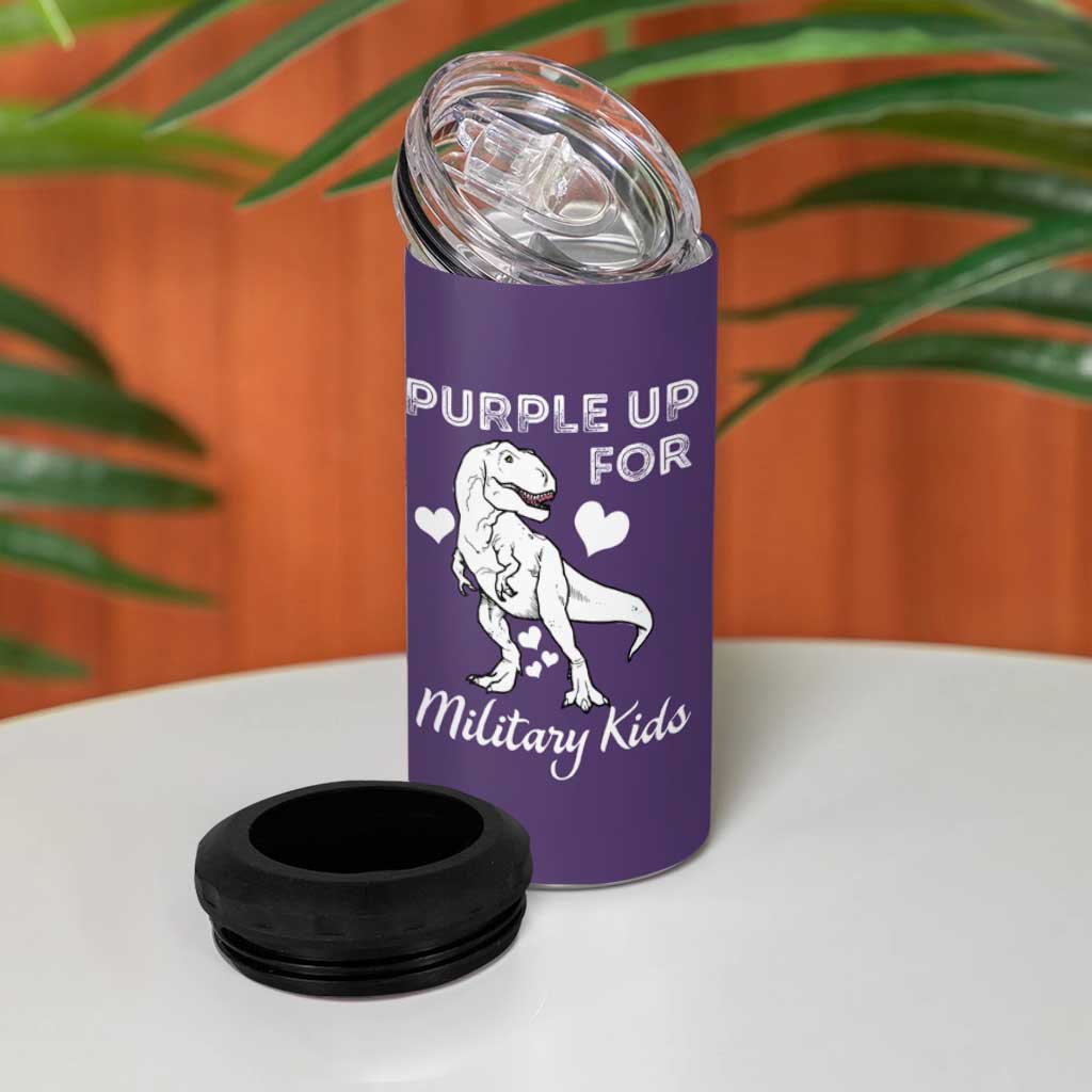 Purple Up For Military Kids 4 in 1 Can Cooler Tumbler Military Child Month Dinosaur