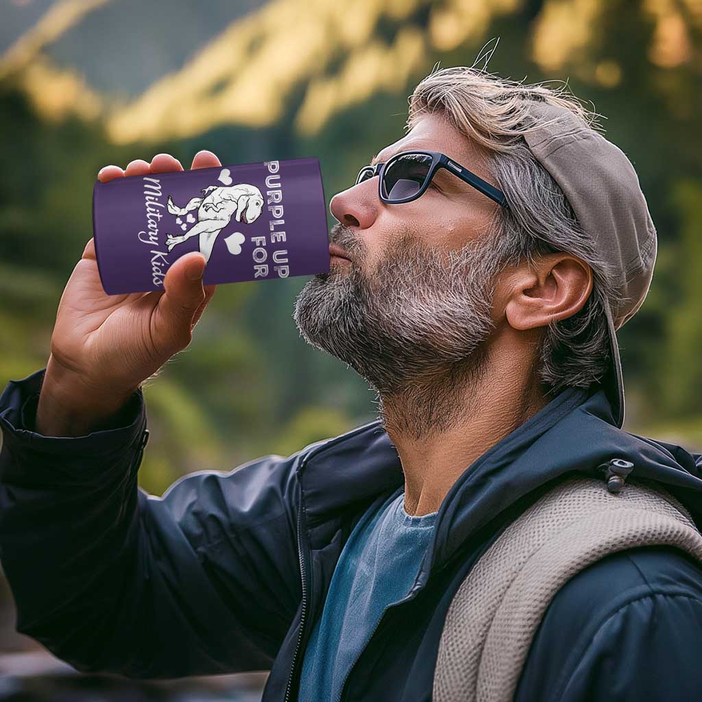 Purple Up For Military Kids 4 in 1 Can Cooler Tumbler Military Child Month Dinosaur