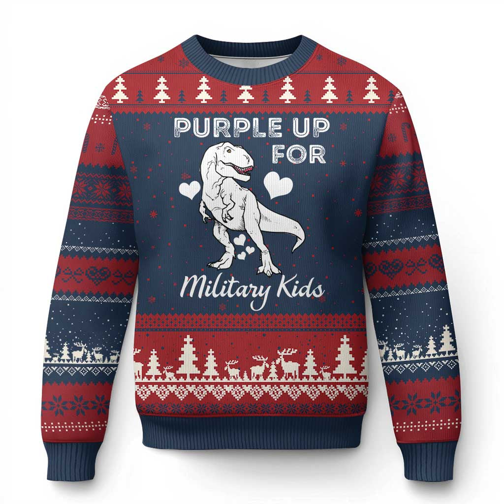 Purple Up For Military Kids Ugly Christmas Sweater Military Child Month Dinosaur - Wonder Print Shop