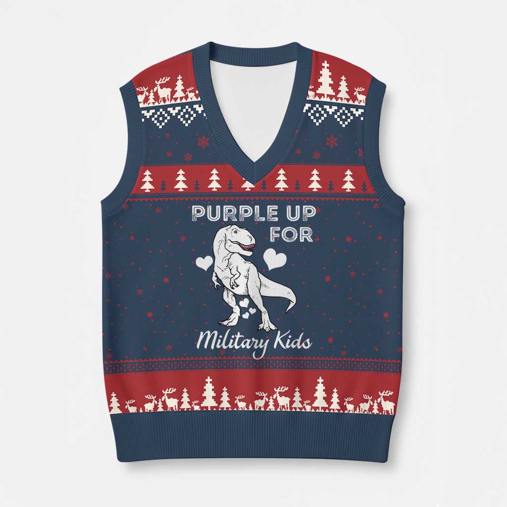 Purple Up For Military Kids V-Neck Knit Sweater Vest Military Child Month Dinosaur - Wonder Print Shop