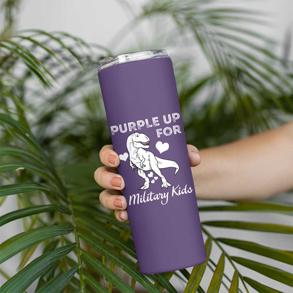 Purple Up For Military Kids Skinny Tumbler Military Child Month Dinosaur