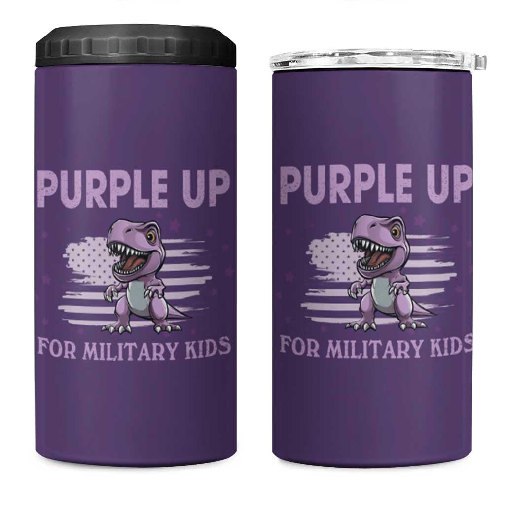 Purple Up For Military Kids 4 in 1 Can Cooler Tumbler Military Child Month Dinosaur American Flag