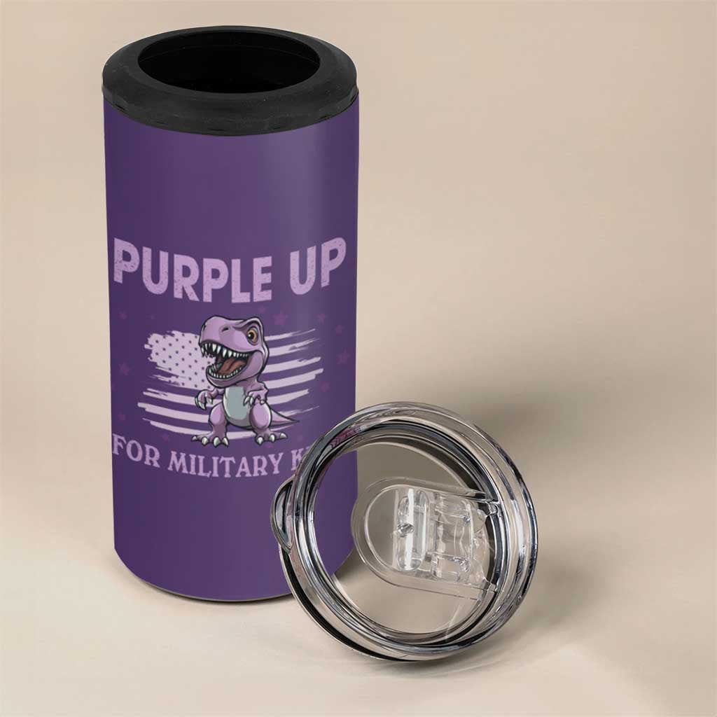 Purple Up For Military Kids 4 in 1 Can Cooler Tumbler Military Child Month Dinosaur American Flag