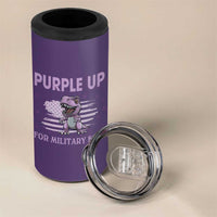 Purple Up For Military Kids 4 in 1 Can Cooler Tumbler Military Child Month Dinosaur American Flag