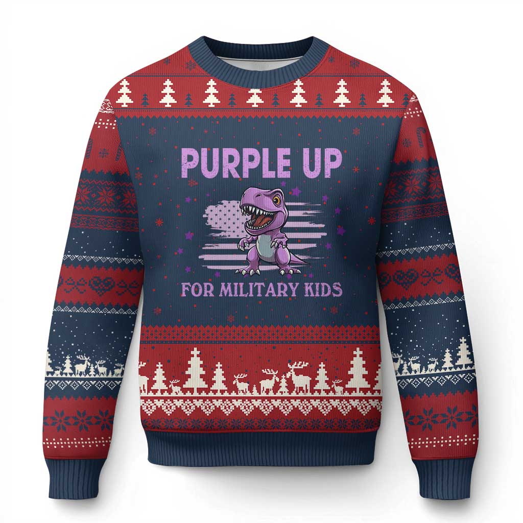 Purple Up For Military Kids Ugly Christmas Sweater Military Child Month Dinosaur American Flag - Wonder Print Shop