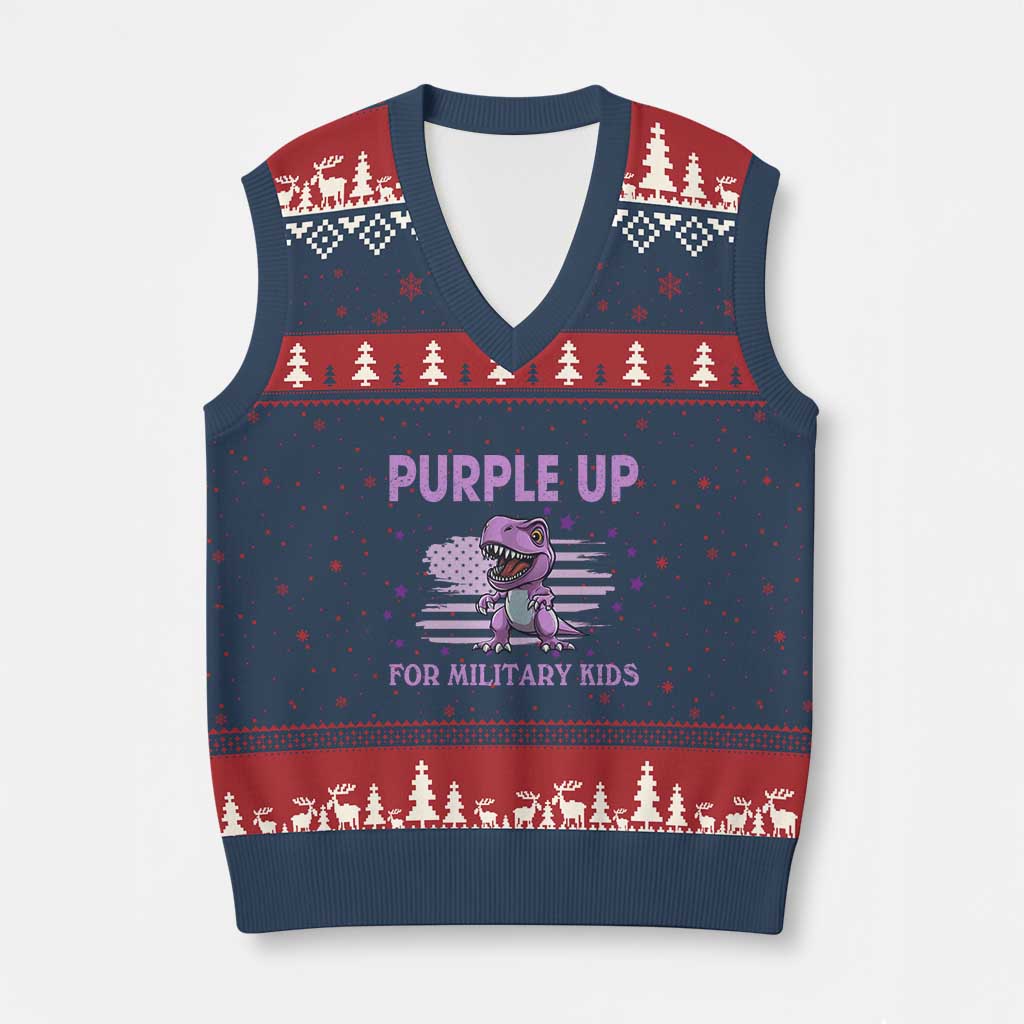 Purple Up For Military Kids V-Neck Knit Sweater Vest Military Child Month Dinosaur American Flag - Wonder Print Shop