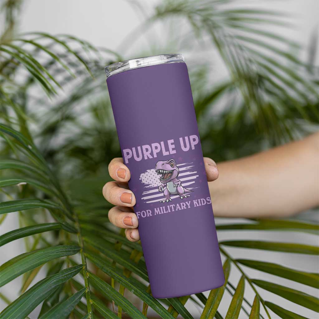 Purple Up For Military Kids Skinny Tumbler Military Child Month Dinosaur American Flag
