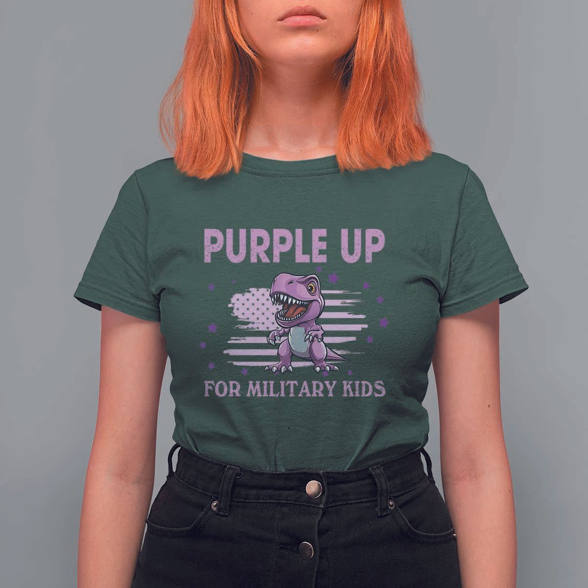 Purple Up For Military Kids T Shirt For Women Military Child Month Dinosaur American Flag